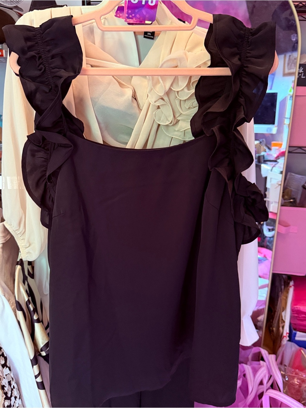 Black Ruffle Sleeve Top - Flowy Polyester
